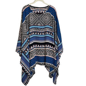 Womens Kimono Sleeve Tunic OSFM Blue Black Tribal Print Swim Cover Up Chiffon